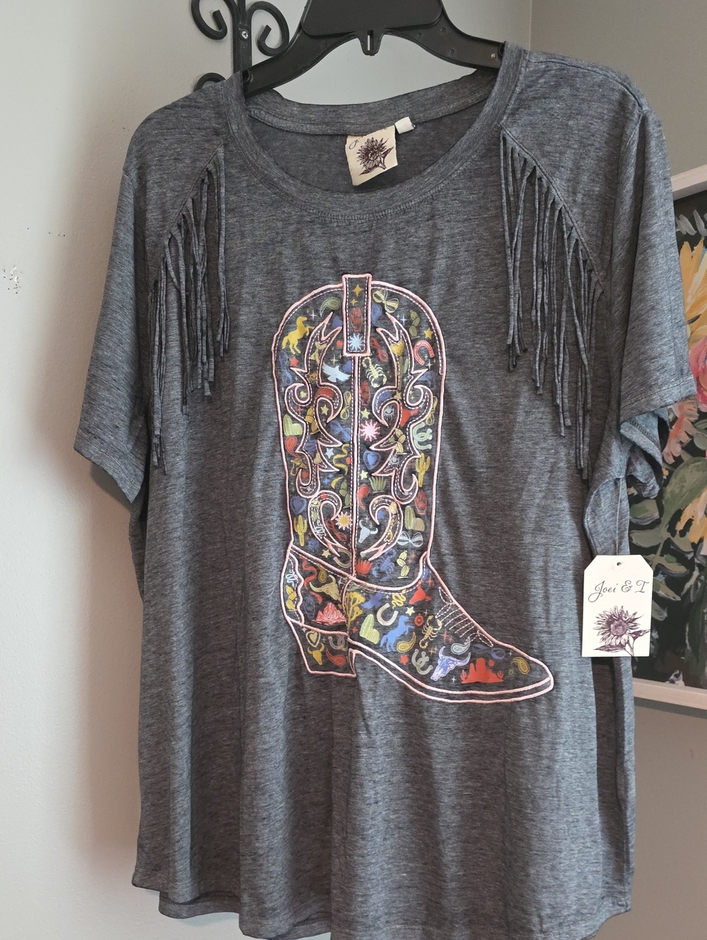 Charcoal Fringe Tee with Colorful Cowboy Boot Graphic Size 2X